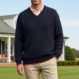 Mackinnon of Scotland Mens Navy V Neck Sweater Ribbed Coral Trim XL Cotton